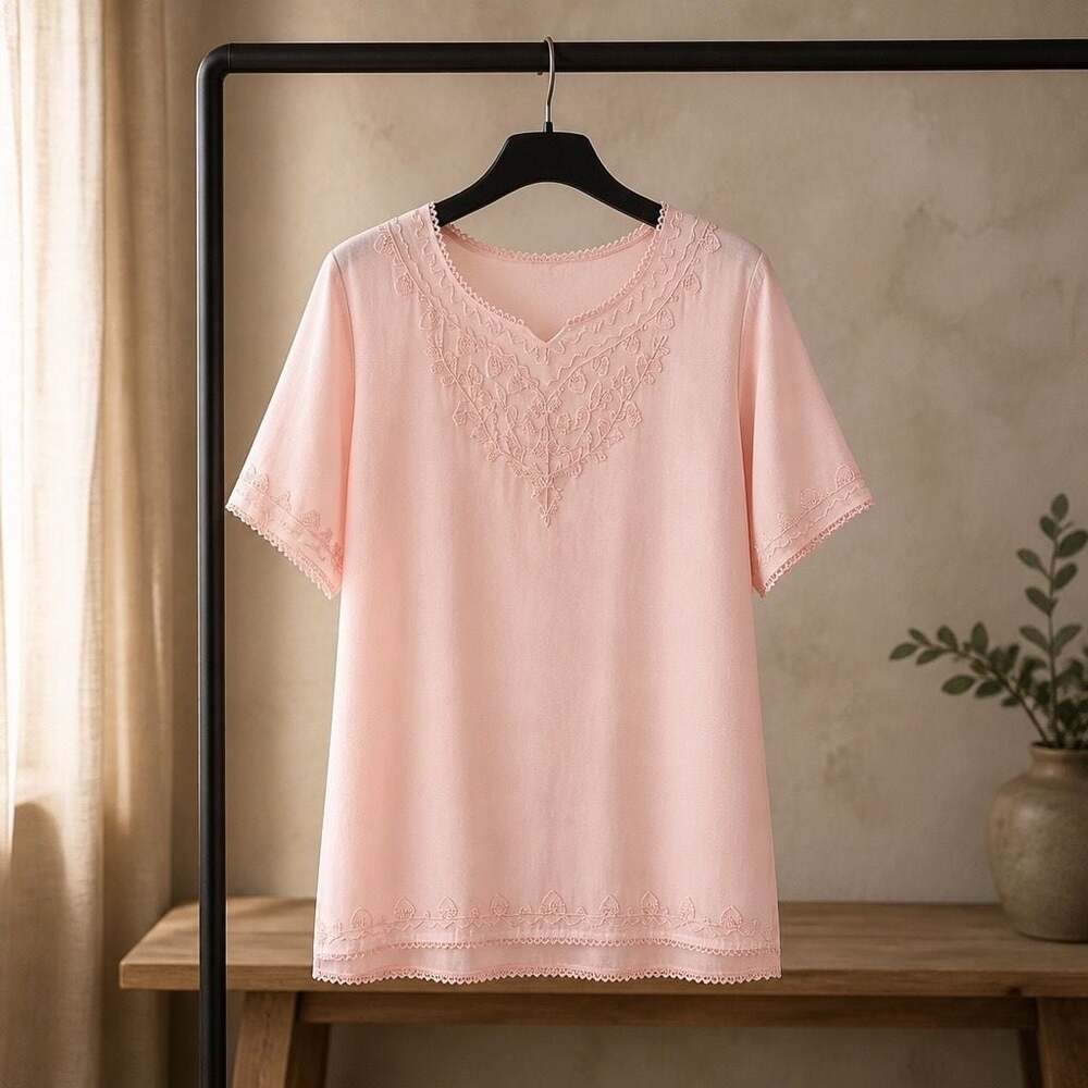Kaaku Pink Embroidered V-Neck Cotton Blend Blouse with Back Tie #756